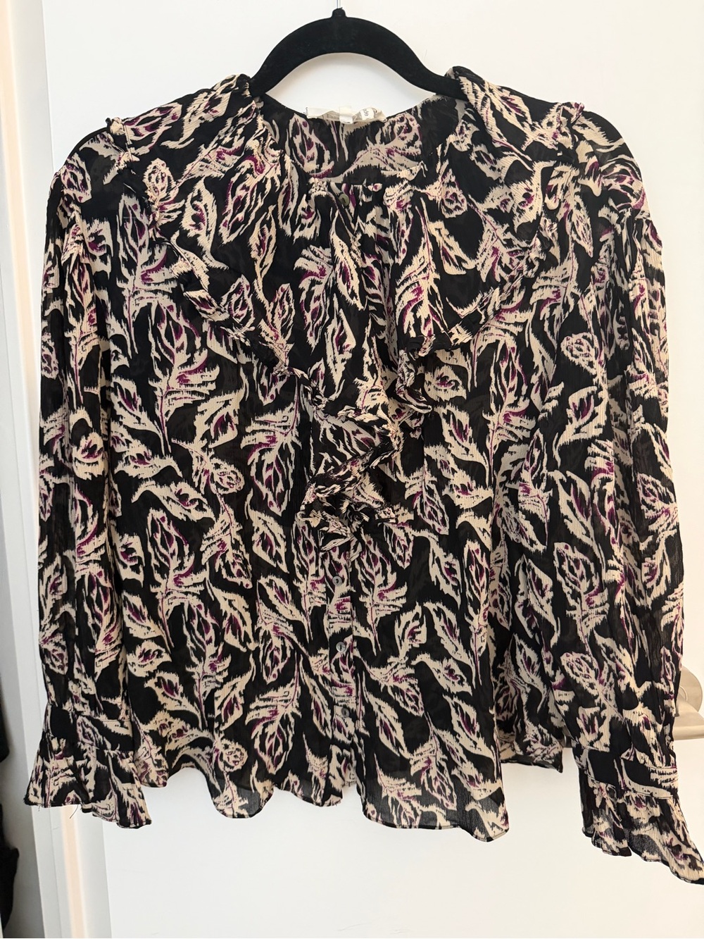 Ba&sh Ruffled Long-Sleeve Blouse in Black and Cream - Size small